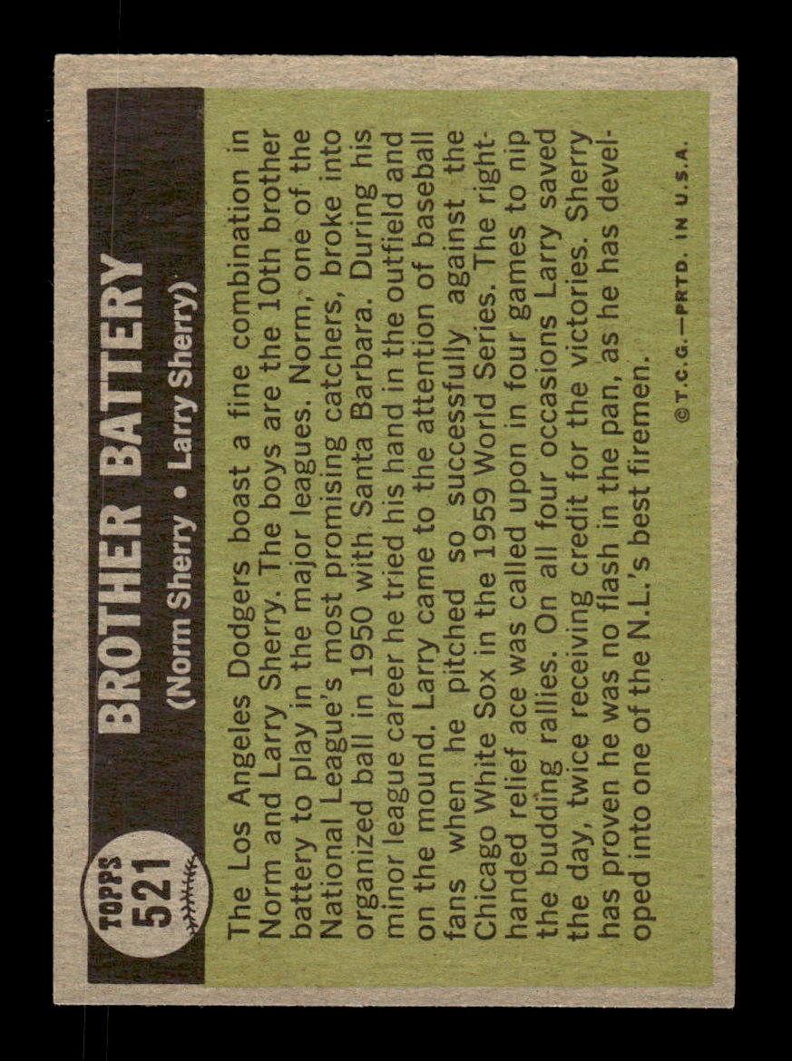 1961 Topps #521 Brother Battery Norm Sherry  Larry Sherry EXMT KC10008695