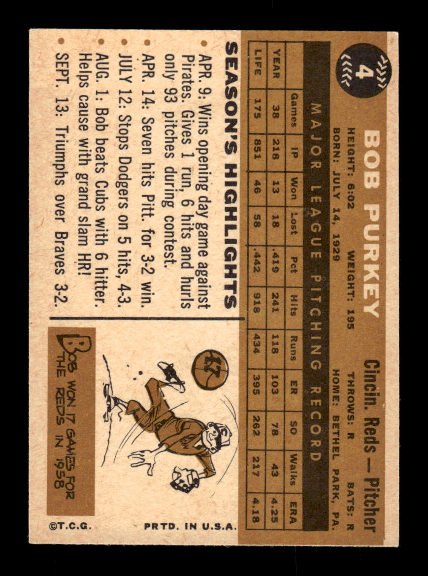 1960 Topps #4 Bob Purkey Cincinnati Reds EXMT KC10008699