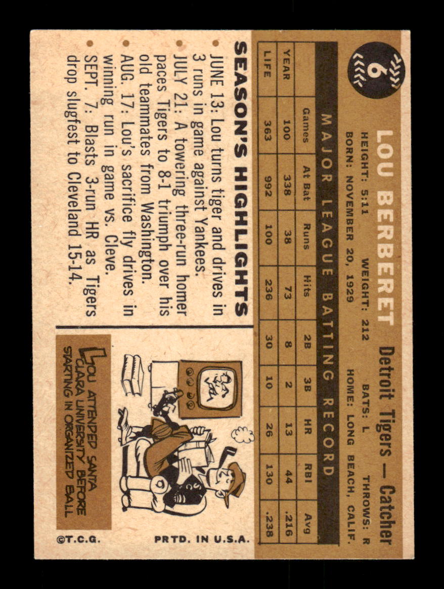 1960 Topps #6 Lou Berberet Detroit Tigers EXMT KC10008701