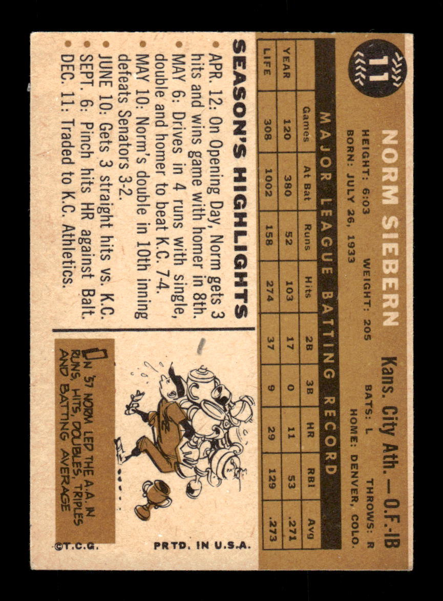 1960 Topps #11 Norm Siebern Kansas City Athletics EXMT KC10008704