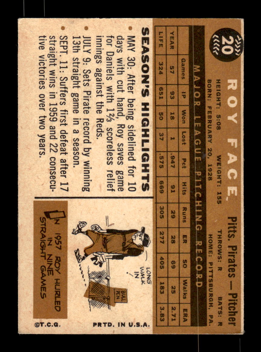 1960 Topps #20 Roy Face Pittsburgh Pirates EXMT KC10008711
