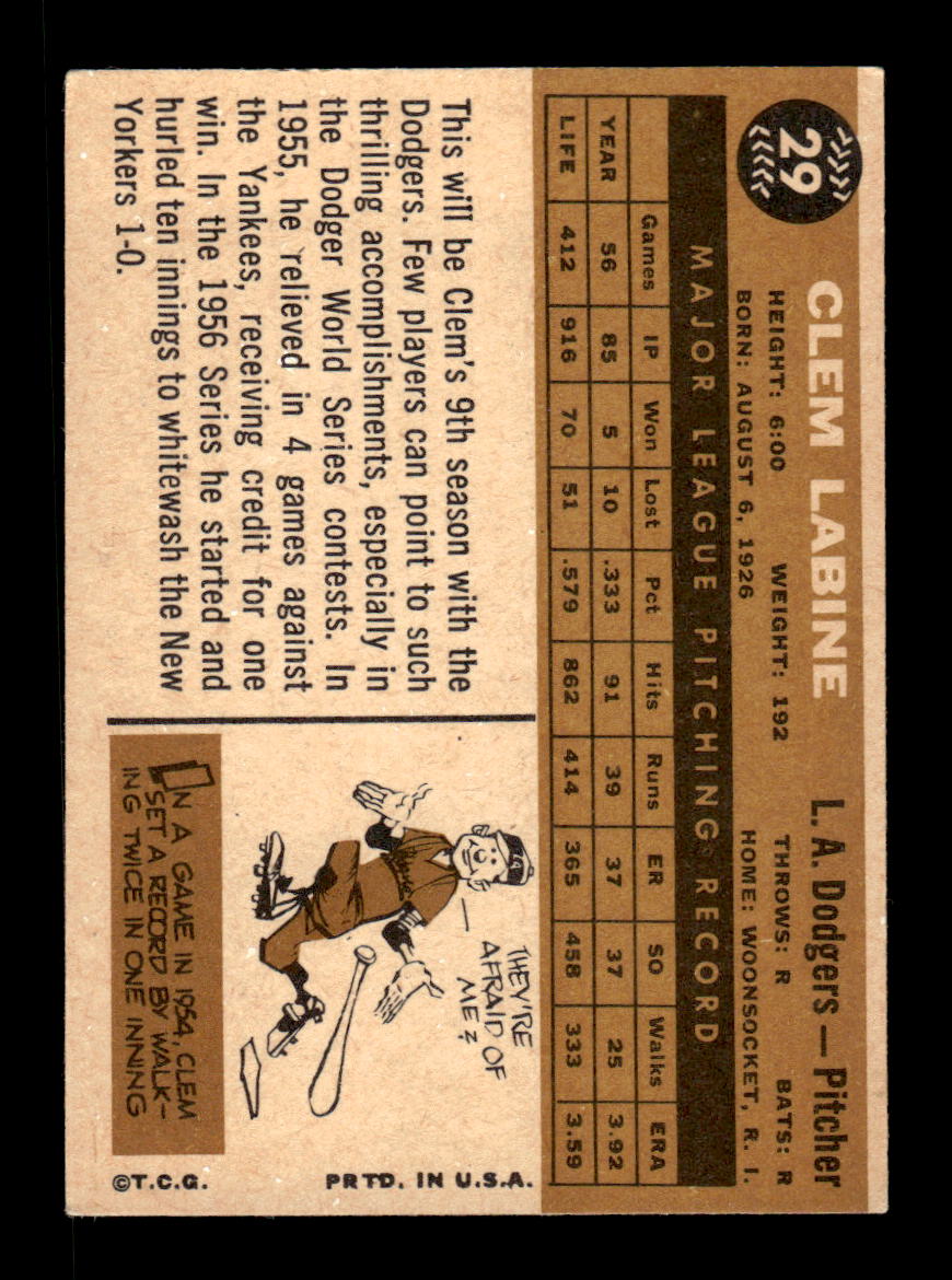 1960 Topps #29 Clem Labine Los Angeles Dodgers EXMT KC10008719