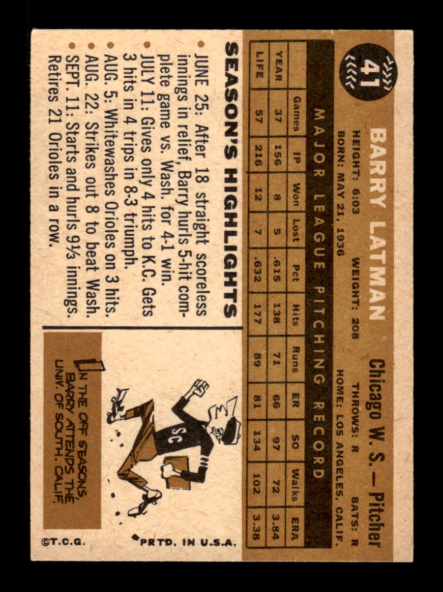 1960 Topps #41 Barry Latman Chicago White Sox EXMT KC10008727