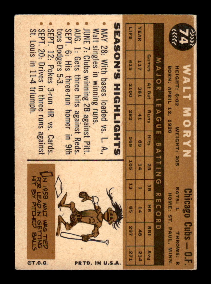 1960 Topps #74 Walt Moryn Chicago Cubs EXMT KC10008752