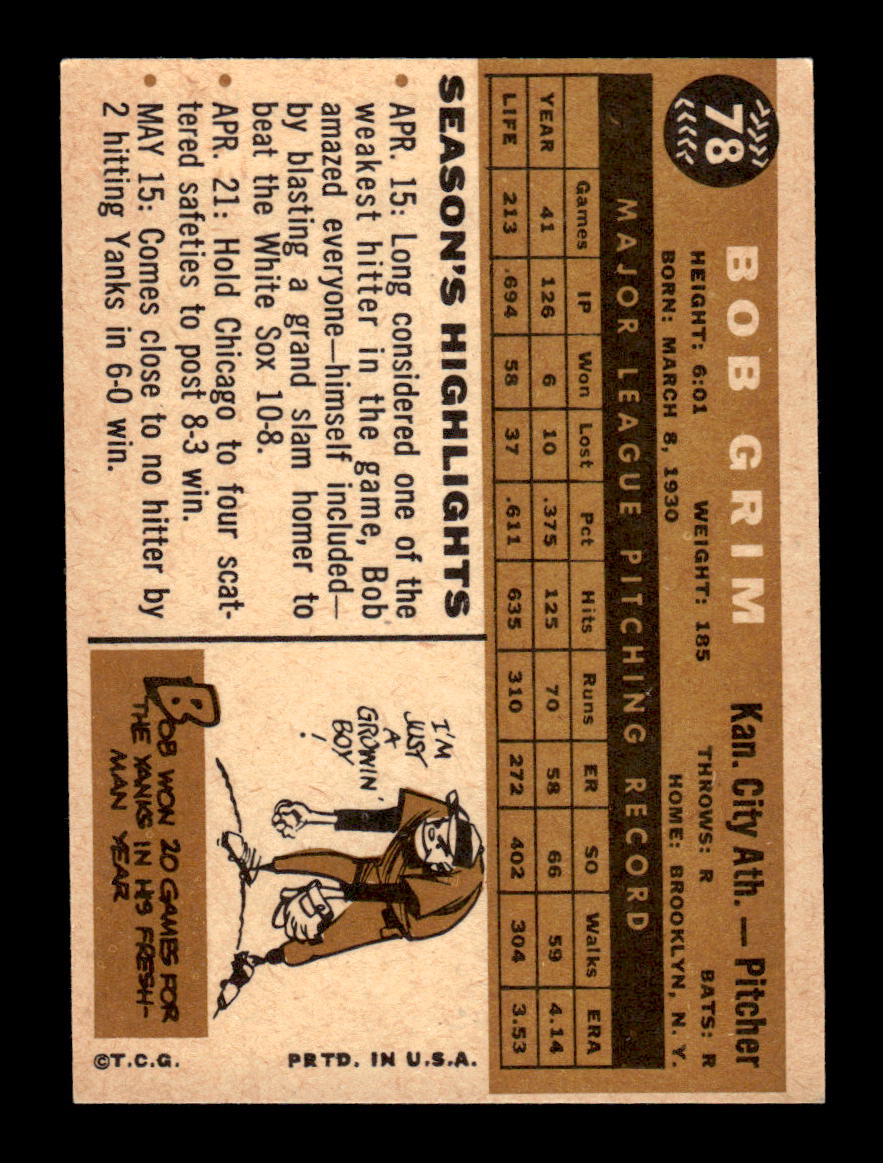 1960 Topps #78 Bob Grim Kansas City Athletics EXMT KC10008755