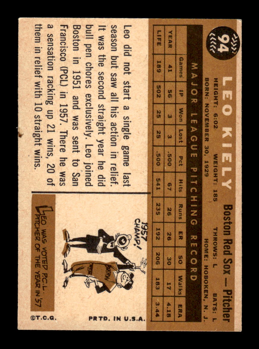1960 Topps #94 Leo Kiely Boston Red Sox EXMT KC10008769