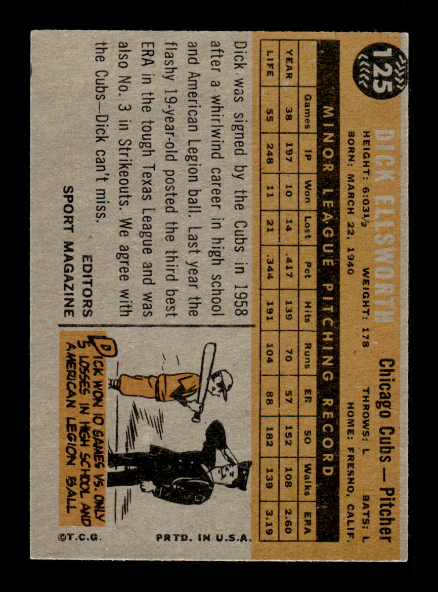 1960 Topps #125 Dick Ellsworth Chicago Cubs EXMT KC10008796