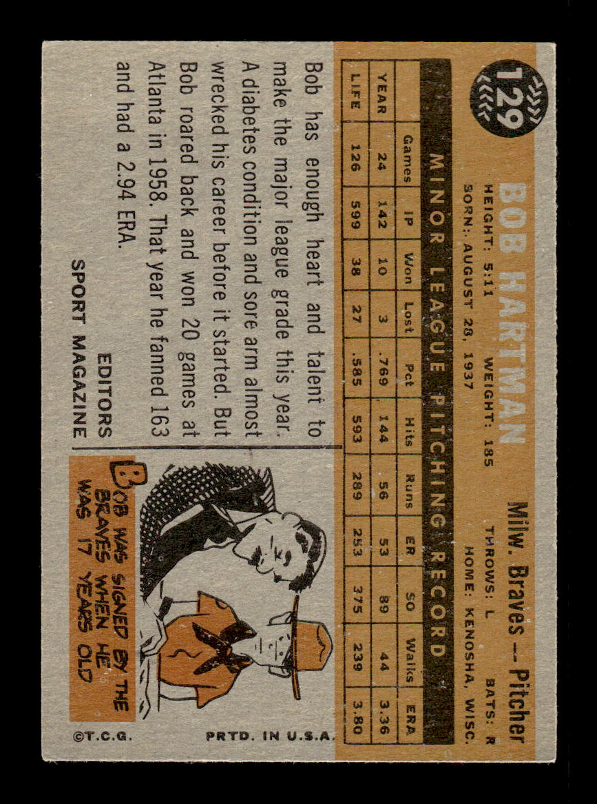 1960 Topps #129 Bob Hartman Milwaukee Braves EXMT KC10008800