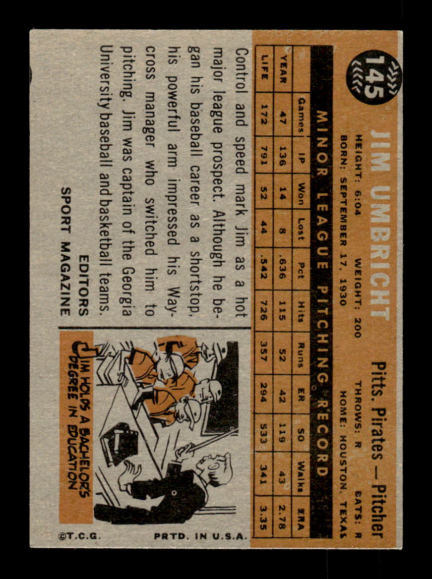 1960 Topps #145 Jim Umbricht Pittsburgh Pirates EXMT KC10008812