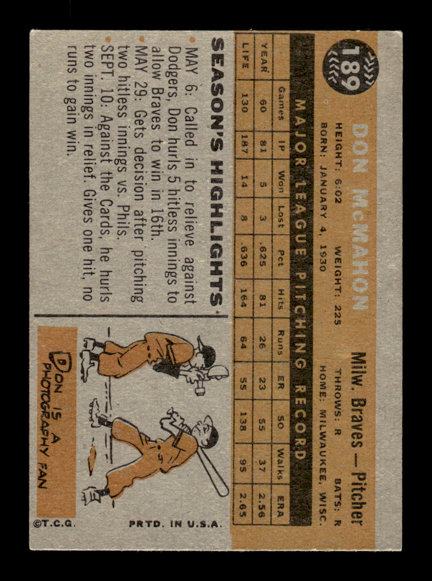 1960 Topps #189 Don McMahon Milwaukee Braves EXMT KC10008849