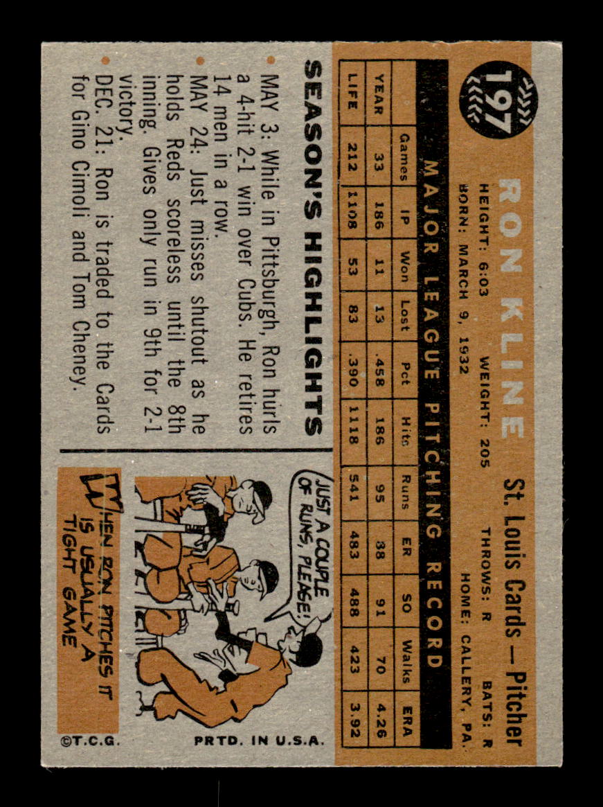 1960 Topps #197 Ron Kline St. Louis Cardinals EXMT KC10008856