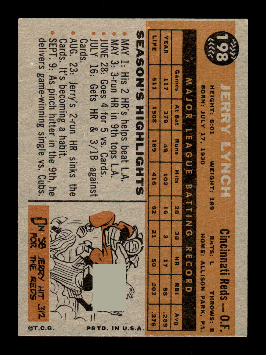 1960 Topps #198 Jerry Lynch Cincinnati Reds EXMT KC10008857