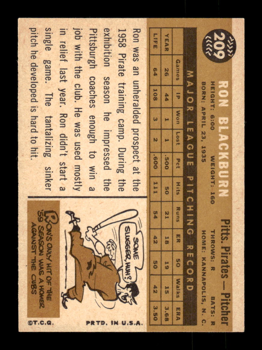 1960 Topps #209 Ron Blackburn Pittsburgh Pirates EXMT KC10008866