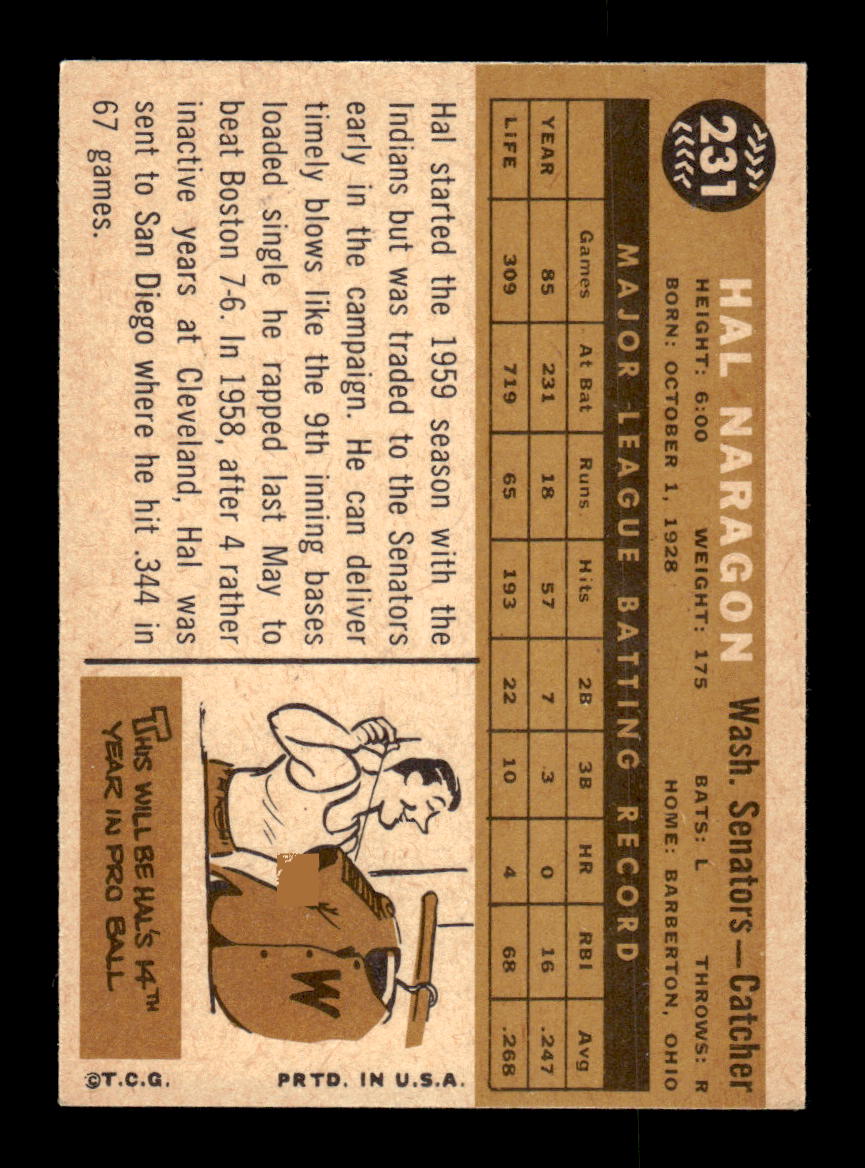 1960 Topps #231 Hal Naragon Washington Senators EXMT KC10008883