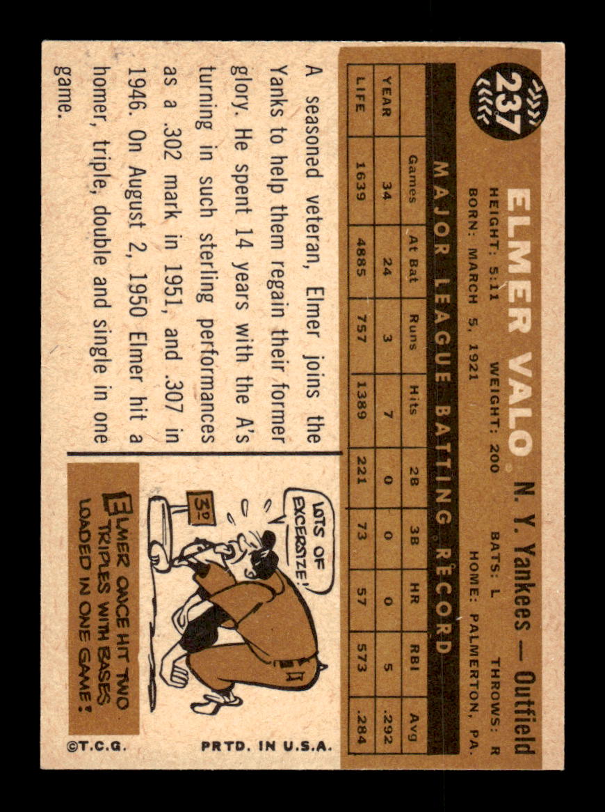 1960 Topps #237 Elmer Valo New York Yankees EXMT KC10008888