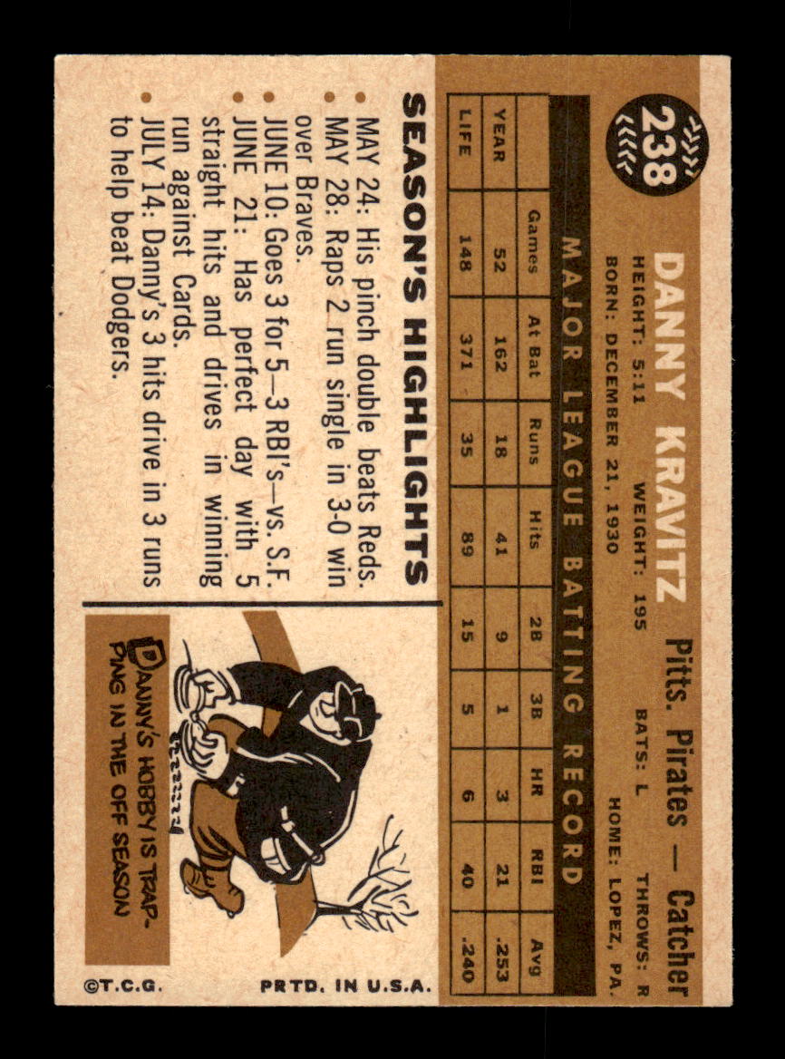 1960 Topps #238 Danny Kravitz Pittsburgh Pirates EXMT KC10008889