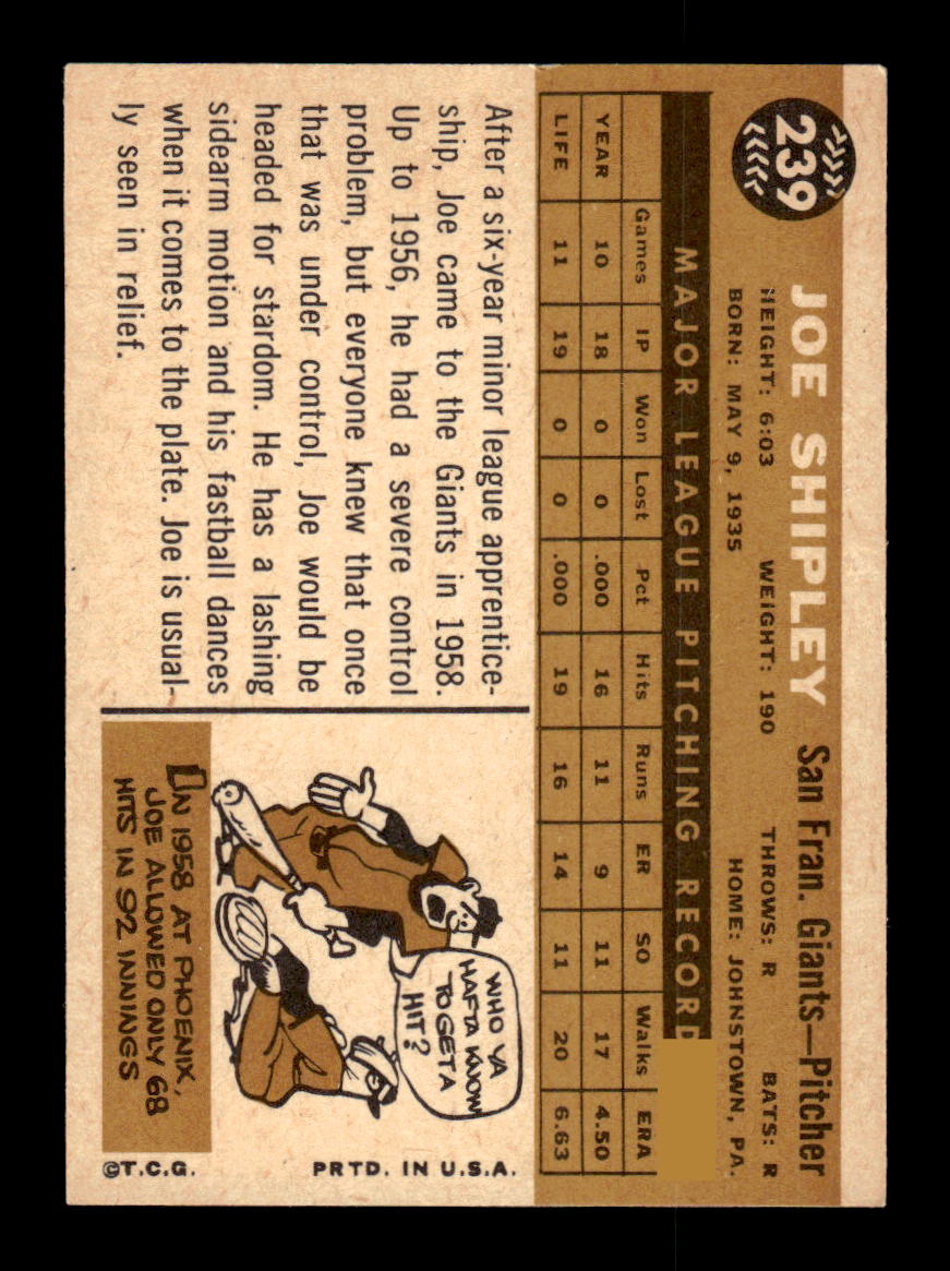 1960 Topps #239 Joe Shipley San Francisco Giants EXMT KC10008890