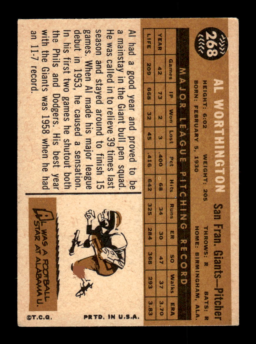 1960 Topps #268 Al Worthington San Francisco Giants EXMT KC10008905