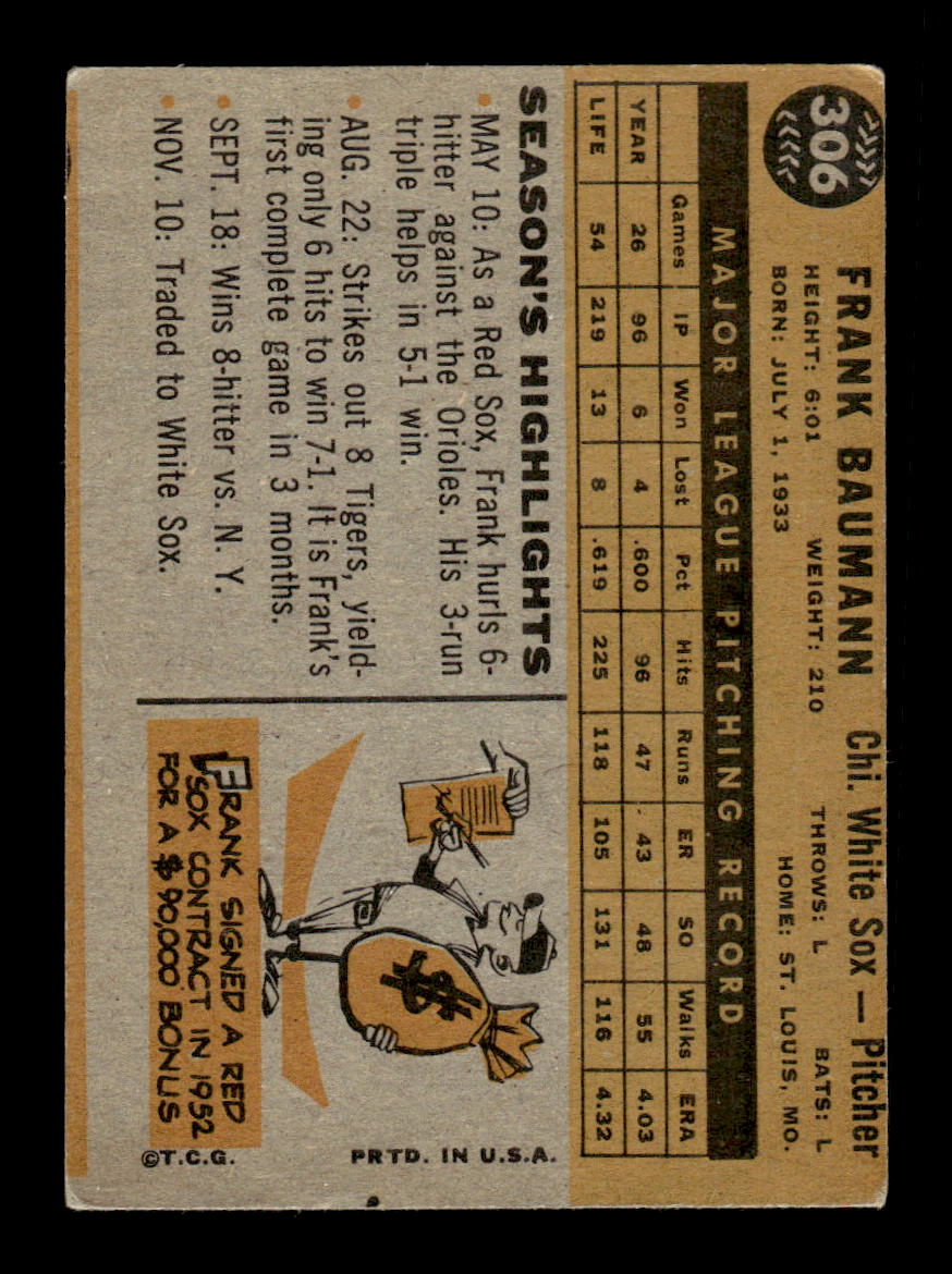 1960 Topps #306 Frank Baumann Chicago White Sox EX KC10008934
