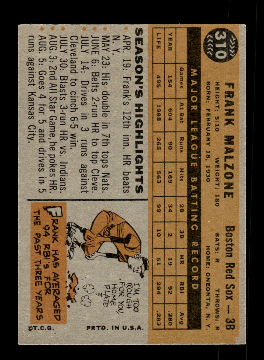 1960 Topps #310 Frank Malzone Boston Red Sox EXMT KC10008937