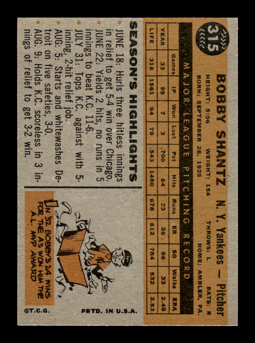 1960 Topps #315 Bobby Shantz New York Yankees EXMT KC10008942