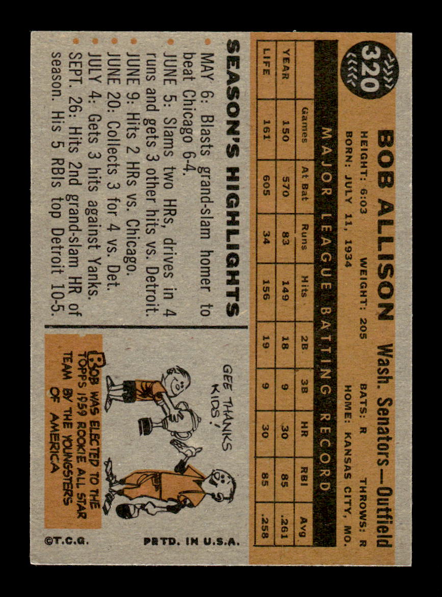 1960 Topps #320 Bob Allison Washington Senators EXMT KC10008945