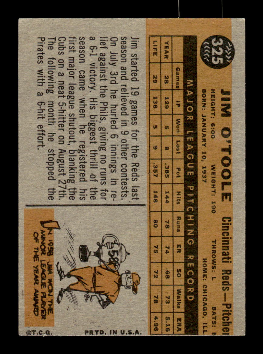 1960 Topps #325 Jim O'Toole Cincinnati Reds EXMT KC10008948