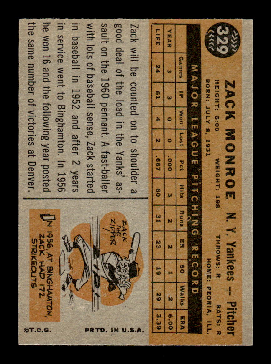 1960 Topps #329 Zack Monroe New York Yankees EXMT KC10008951