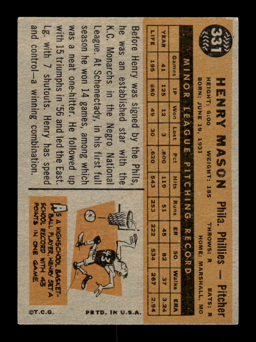 1960 Topps #331 Henry Mason Philadelphia Phillies EXMT KC10008953