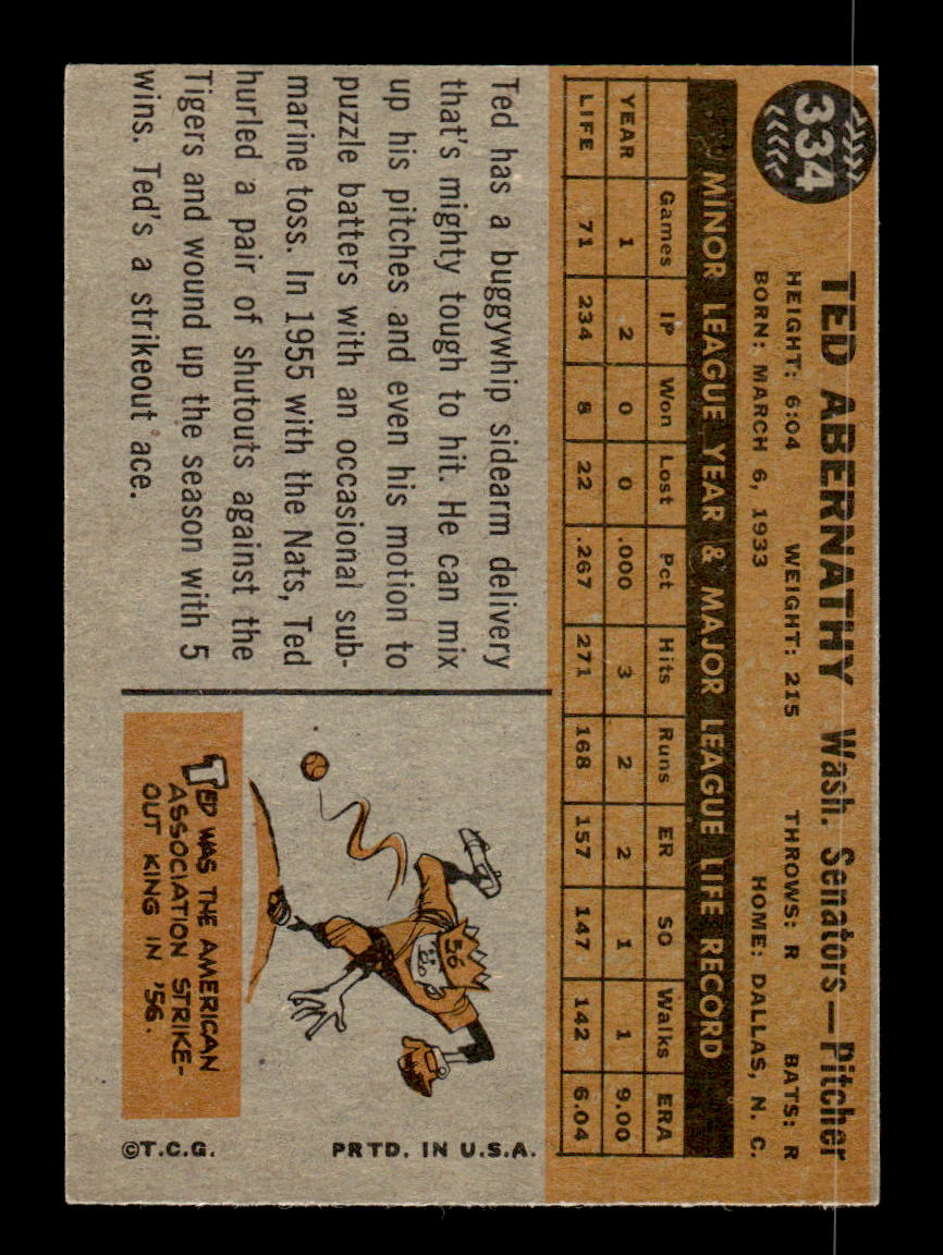 1960 Topps #334 Ted Abernathy Washington Senators EXMT KC10008955