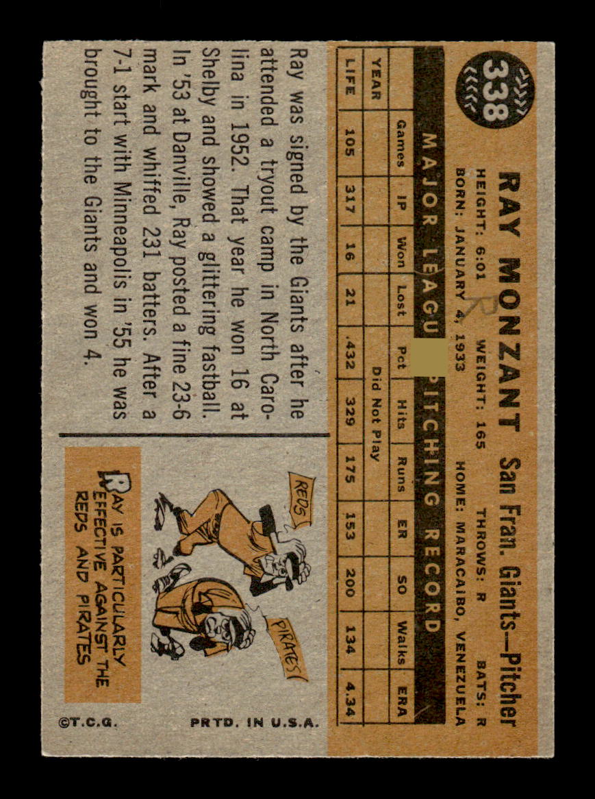 1960 Topps #338 Ray Monzant San Francisco Giants EXMT KC10008958