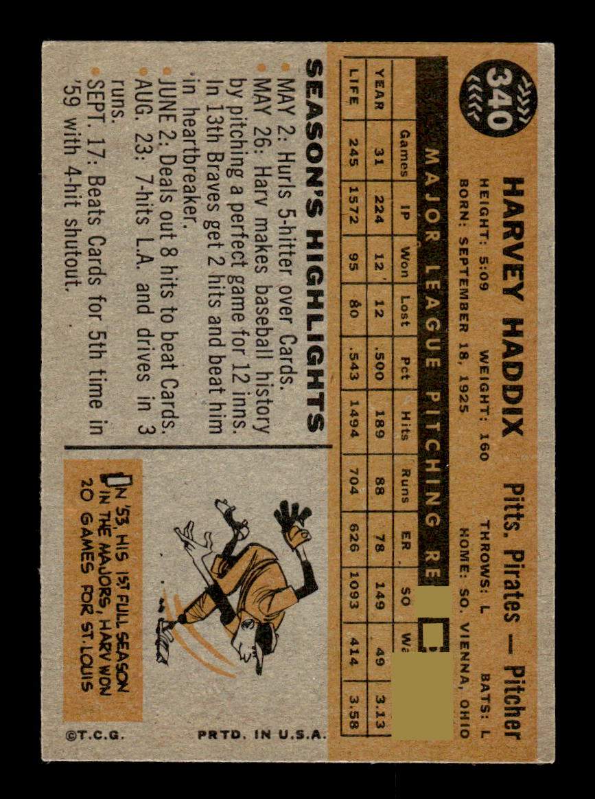 1960 Topps #340 Harvey Haddix Pittsburgh Pirates EXMT KC10008960