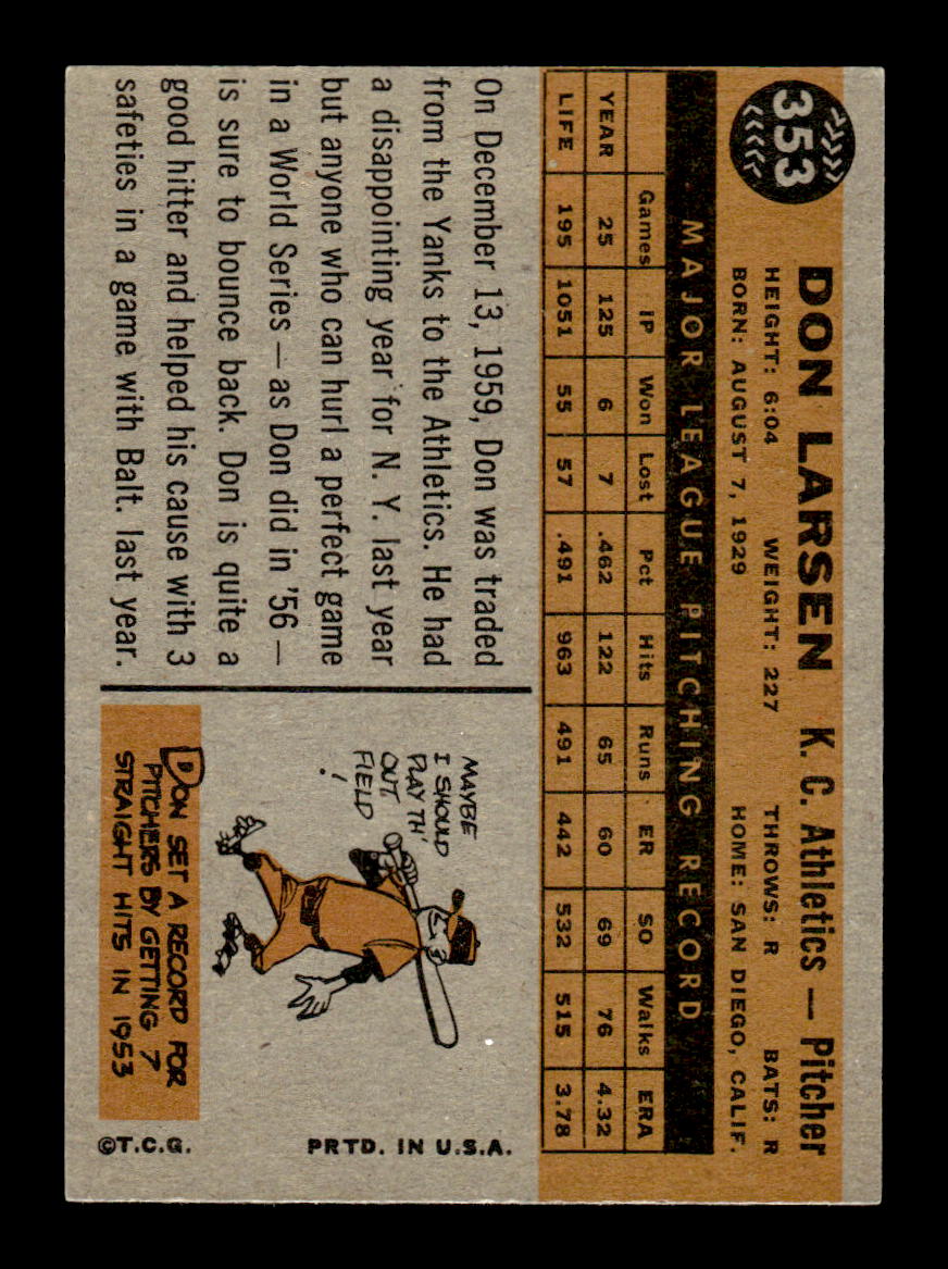 1960 Topps #353 Don Larsen Kansas City Athletics EXMT KC10008966