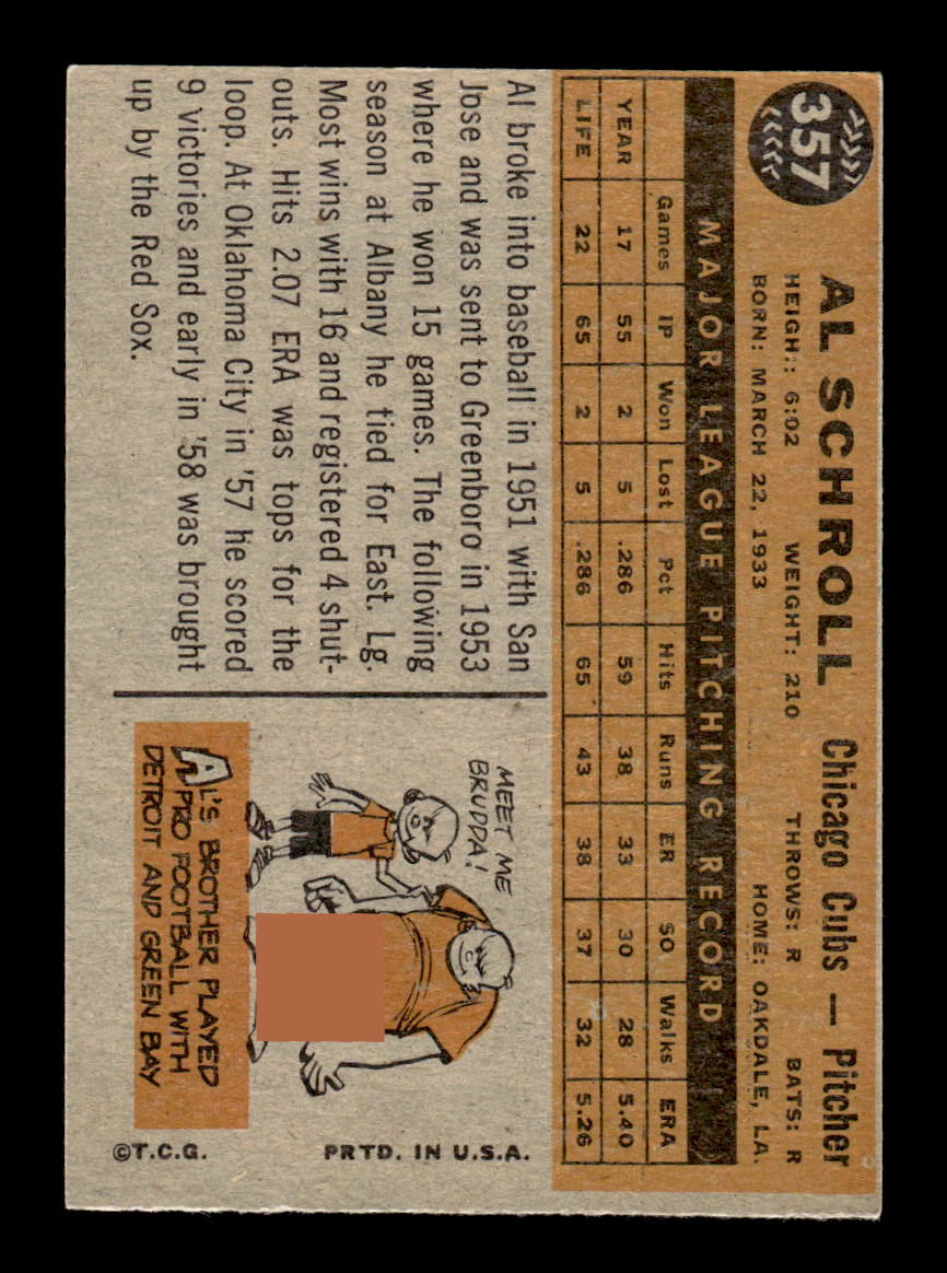 1960 Topps #357 Al Schroll Chicago Cubs EXMT KC10008968