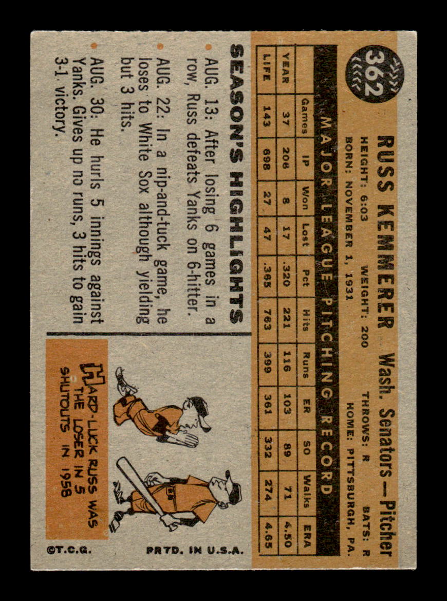 1960 Topps #362 Russ Kemmerer Washington Senators EXMT KC10008971