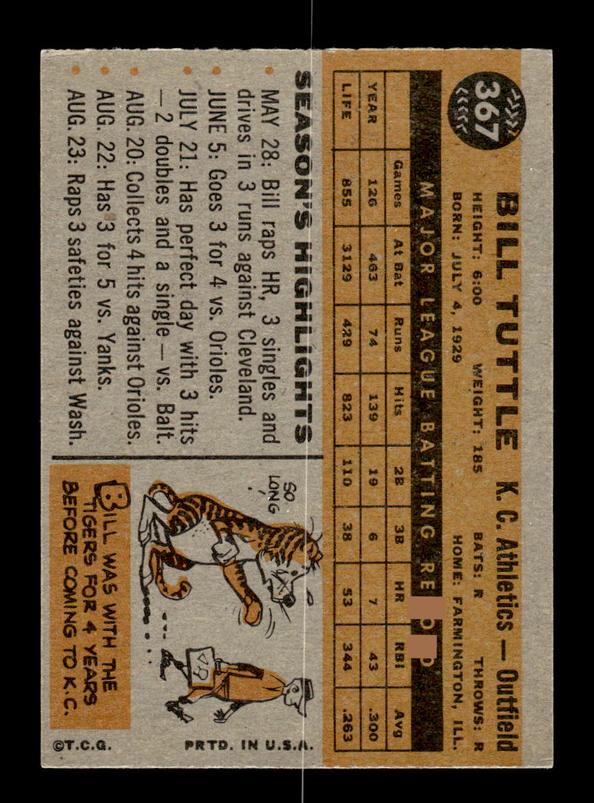 1960 Topps #367 Bill Tuttle Kansas City Athletics EXMT KC10008974