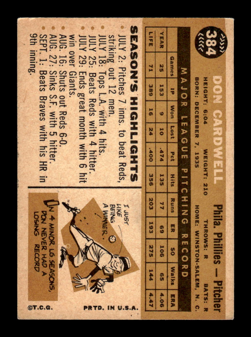 1960 Topps #384b Don Cardwell Philadelphia Phillies EXMT KC10008988