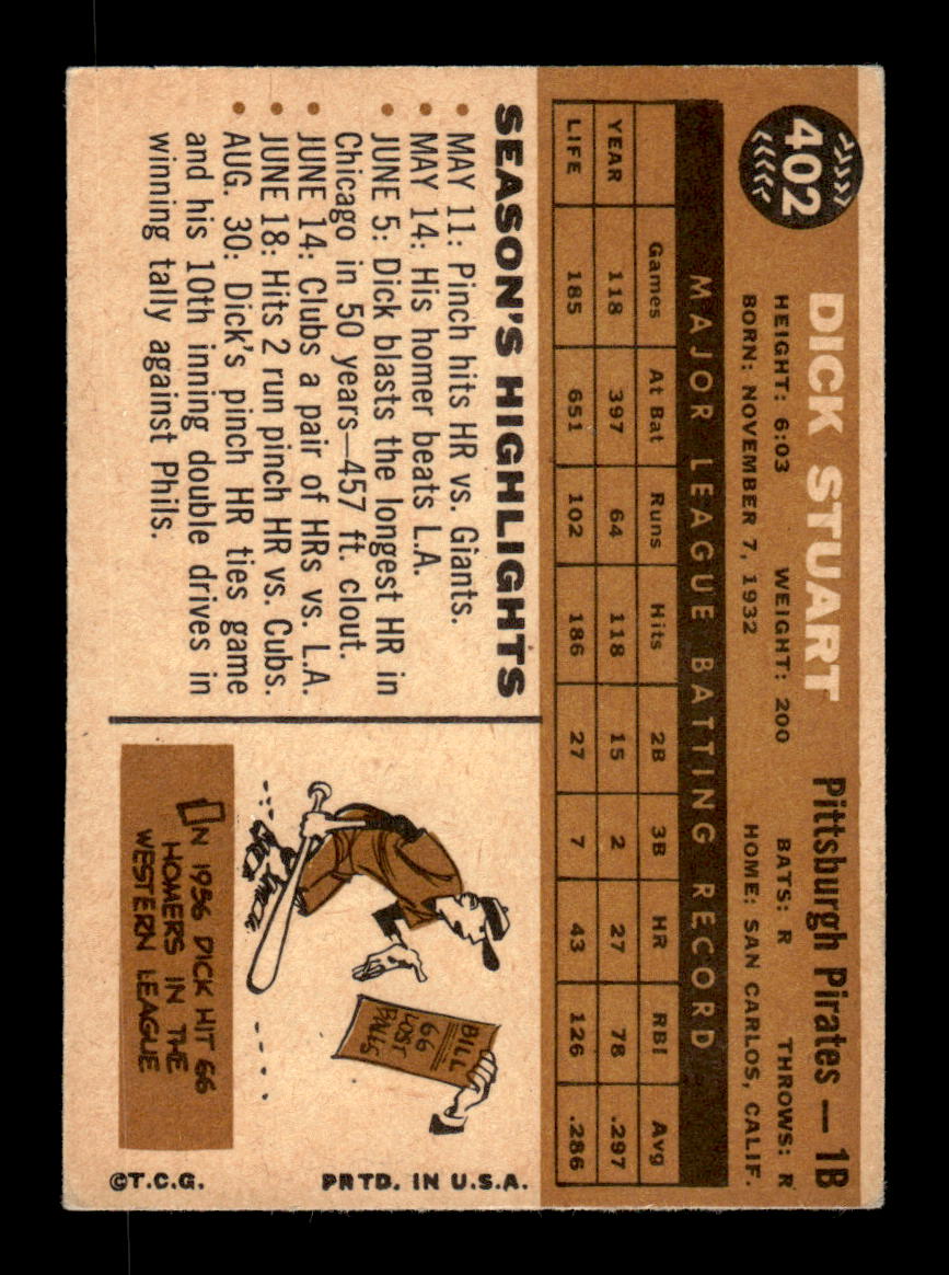 1960 Topps #402a Dick Stuart Pittsburgh Pirates EXMT KC10008997