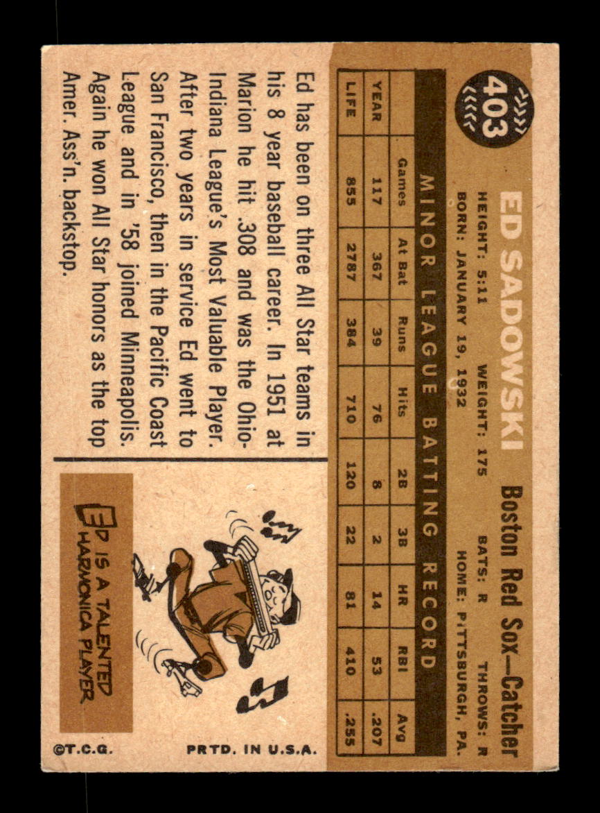 1960 Topps #403b Ed Sadowski Boston Red Sox EXMT KC10008998