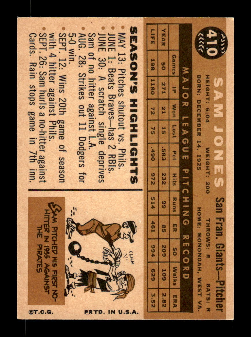 1960 Topps #410b Sam Jones San Francisco Giants EXMT KC10009003
