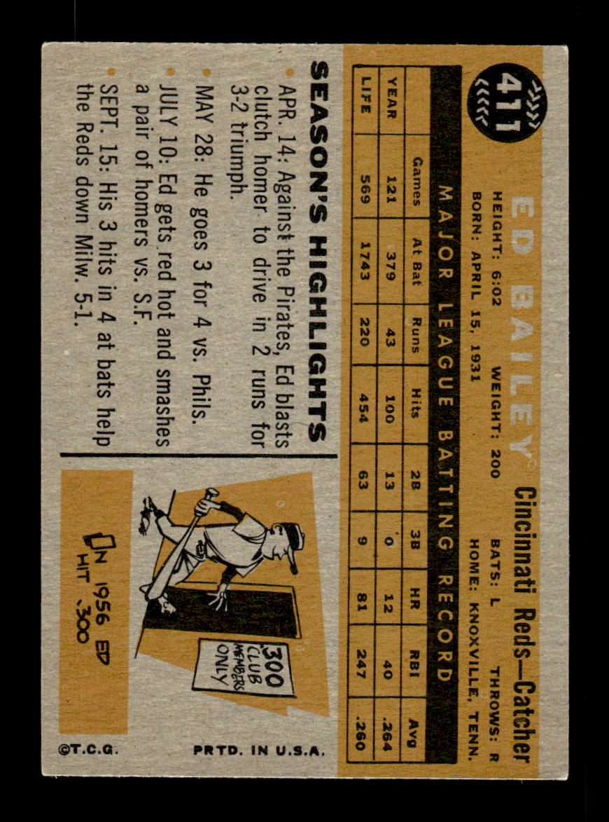1960 Topps #411a Ed Bailey Cincinnati Reds EXMT KC10009004