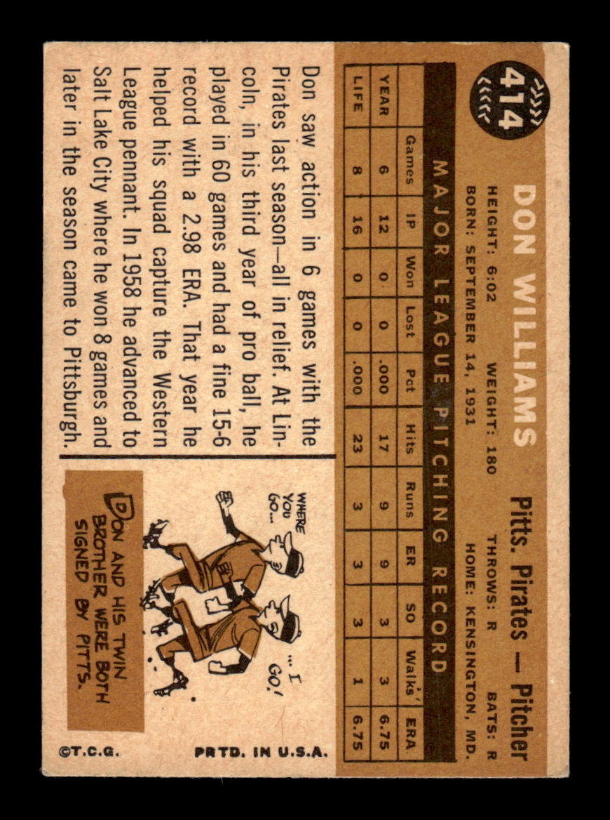 1960 Topps #414a Don Williams Pittsburgh Pirates EXMT KC10009007
