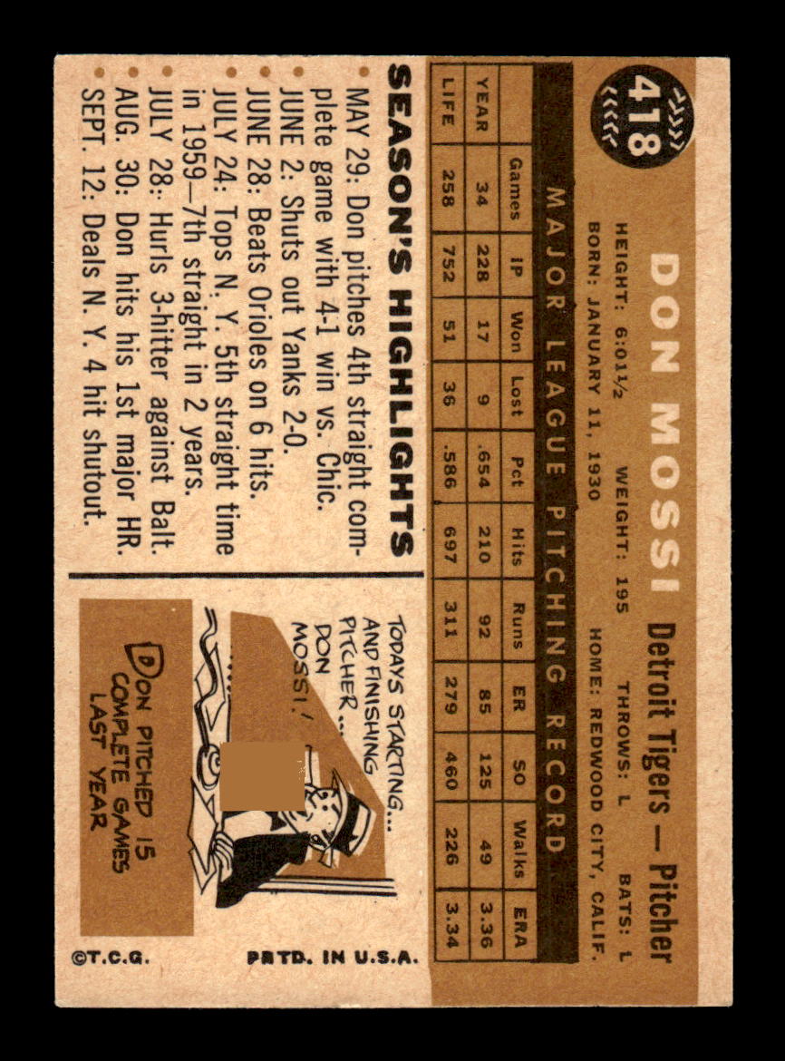 1960 Topps #418a Don Mossi Detroit Tigers EXMT KC10009010