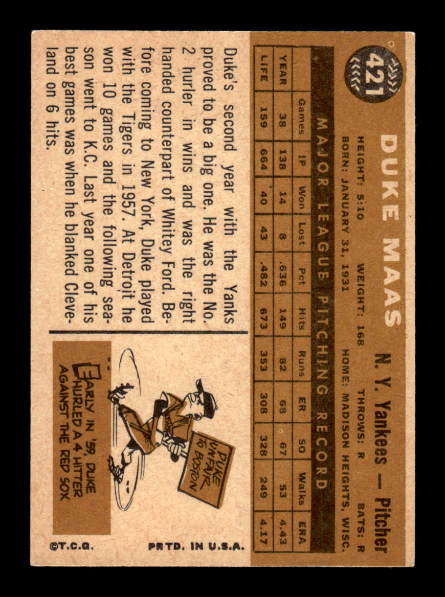 1960 Topps #421b Duke Maas New York Yankees EXMT KC10009012