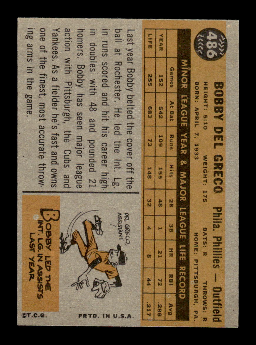 1960 Topps #486 Bobby Del Greco Philadelphia Phillies NMT KC10009049