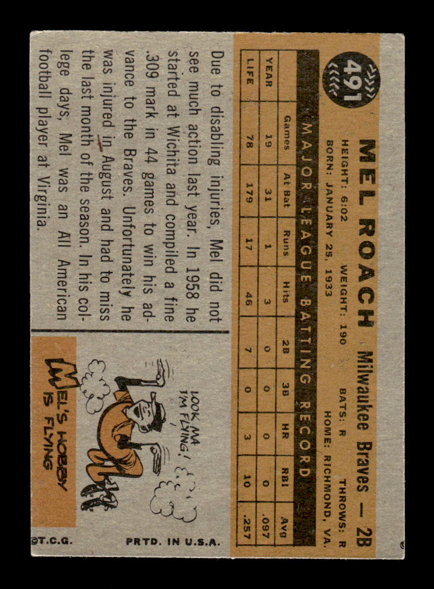 1960 Topps #491 Mel Roach Milwaukee Braves EXMT KC10009050