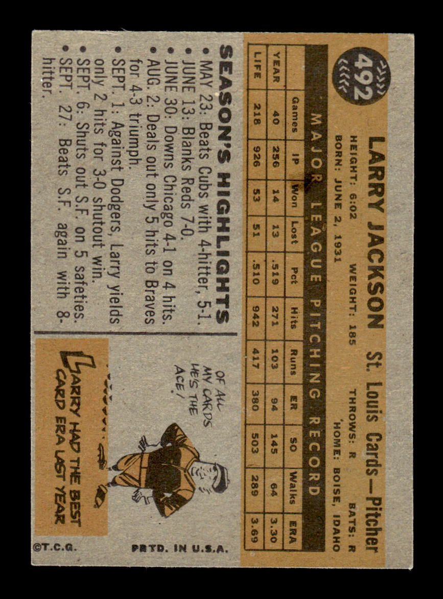 1960 Topps #492 Larry Jackson St. Louis Cardinals EXMT KC10009051