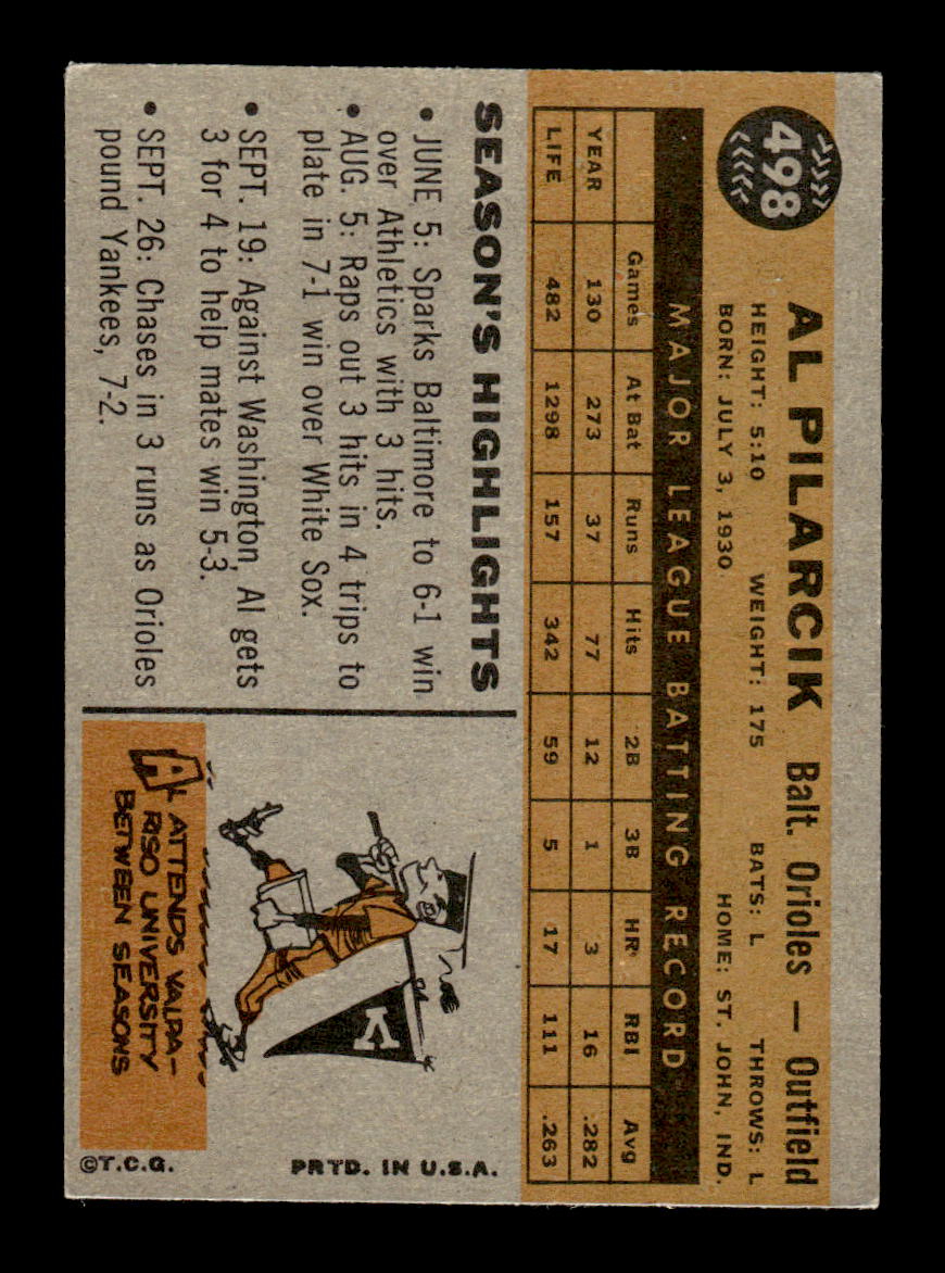 1960 Topps #498 Al Pilarcik Baltimore Orioles EXMT KC10009055