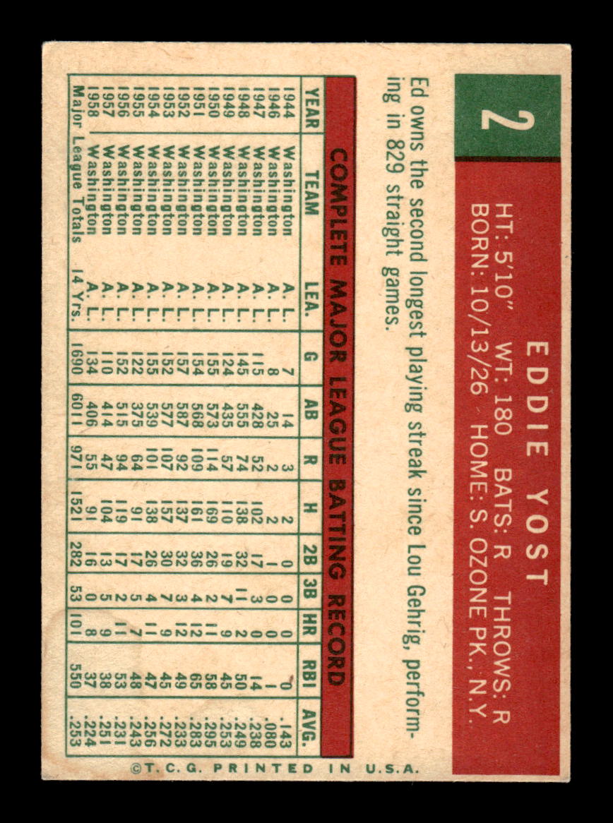 1959 Topps #2 Eddie Yost Detroit Tigers EXMT KC10009063
