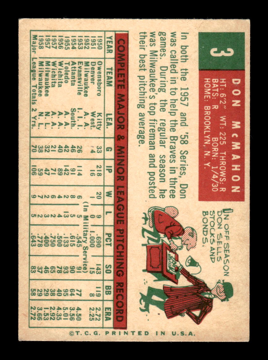 1959 Topps #3 Don McMahon Milwaukee Braves EXMT KC10009064